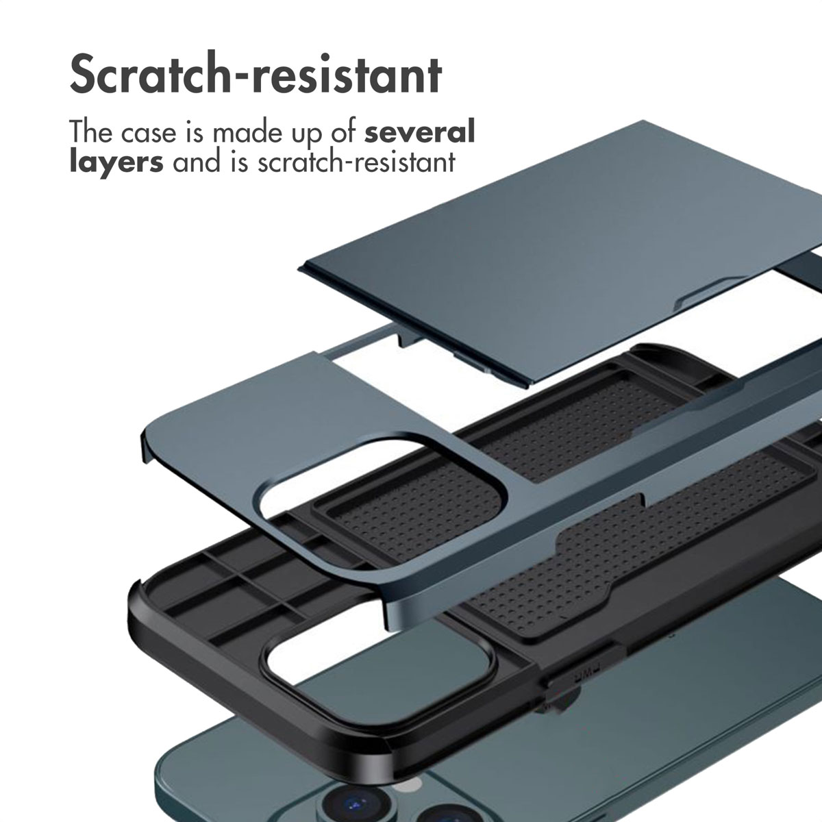 Vue éclatée d'une coque de téléphone protectrice multicouche et résistante aux rayures.