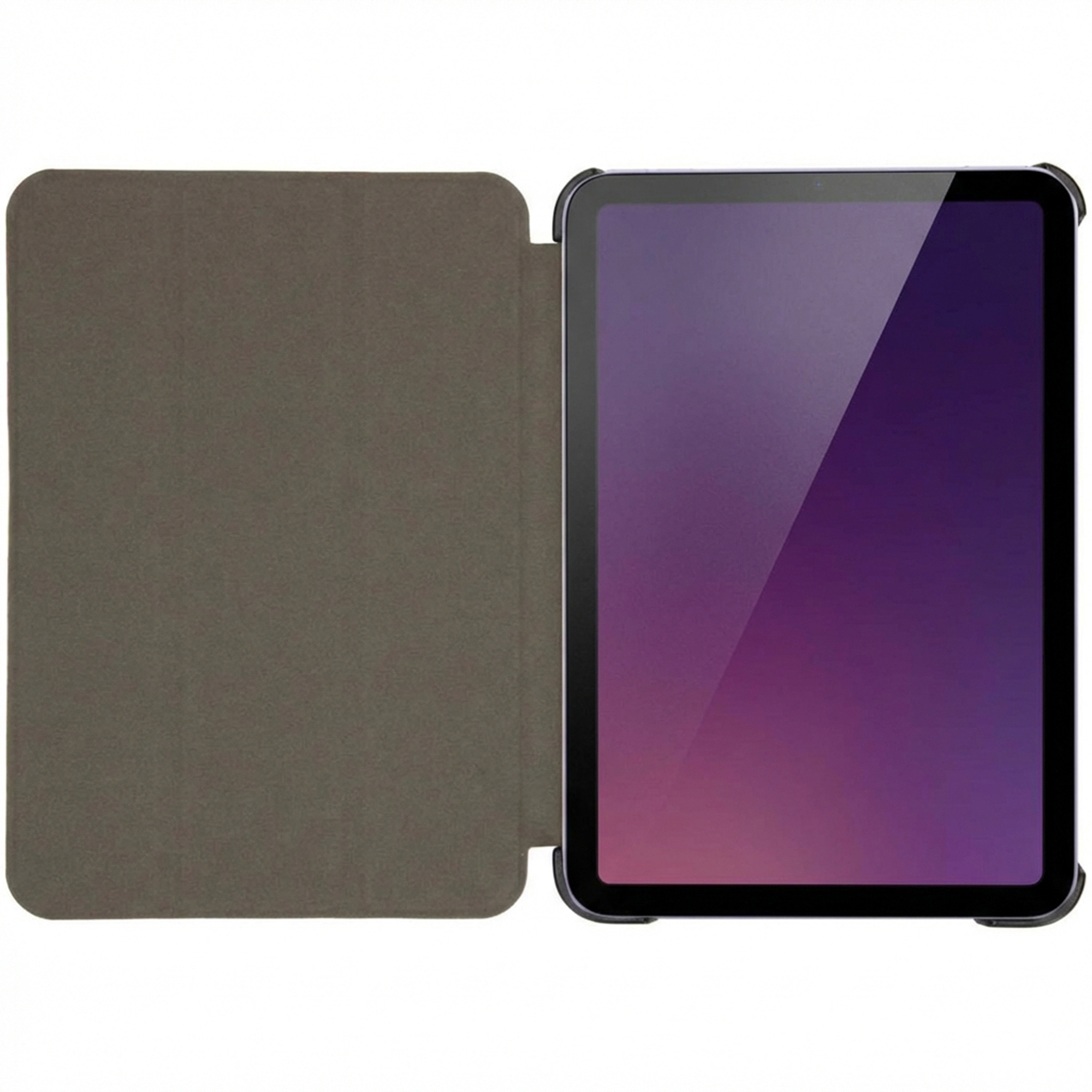 Een tablet in een grijs beschermhoesje met open hoes en paars scherm op een witte achtergrond.