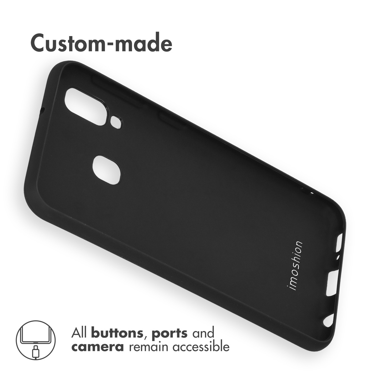 Coque de protection noire avec découpes pour appareil photo, ports et boutons.