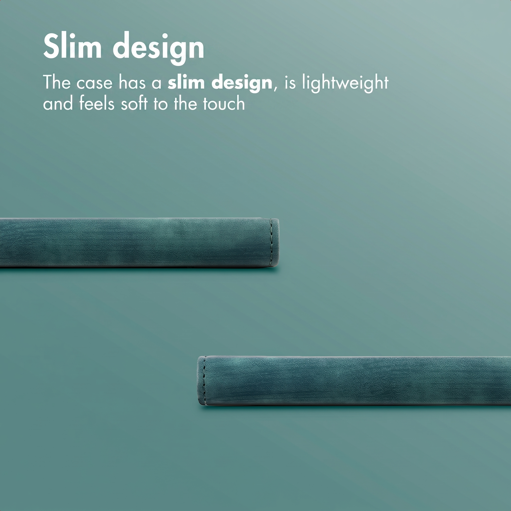 Texte sur un design fin et deux parties d'un étui en cuir turquoise sur fond turquoise.