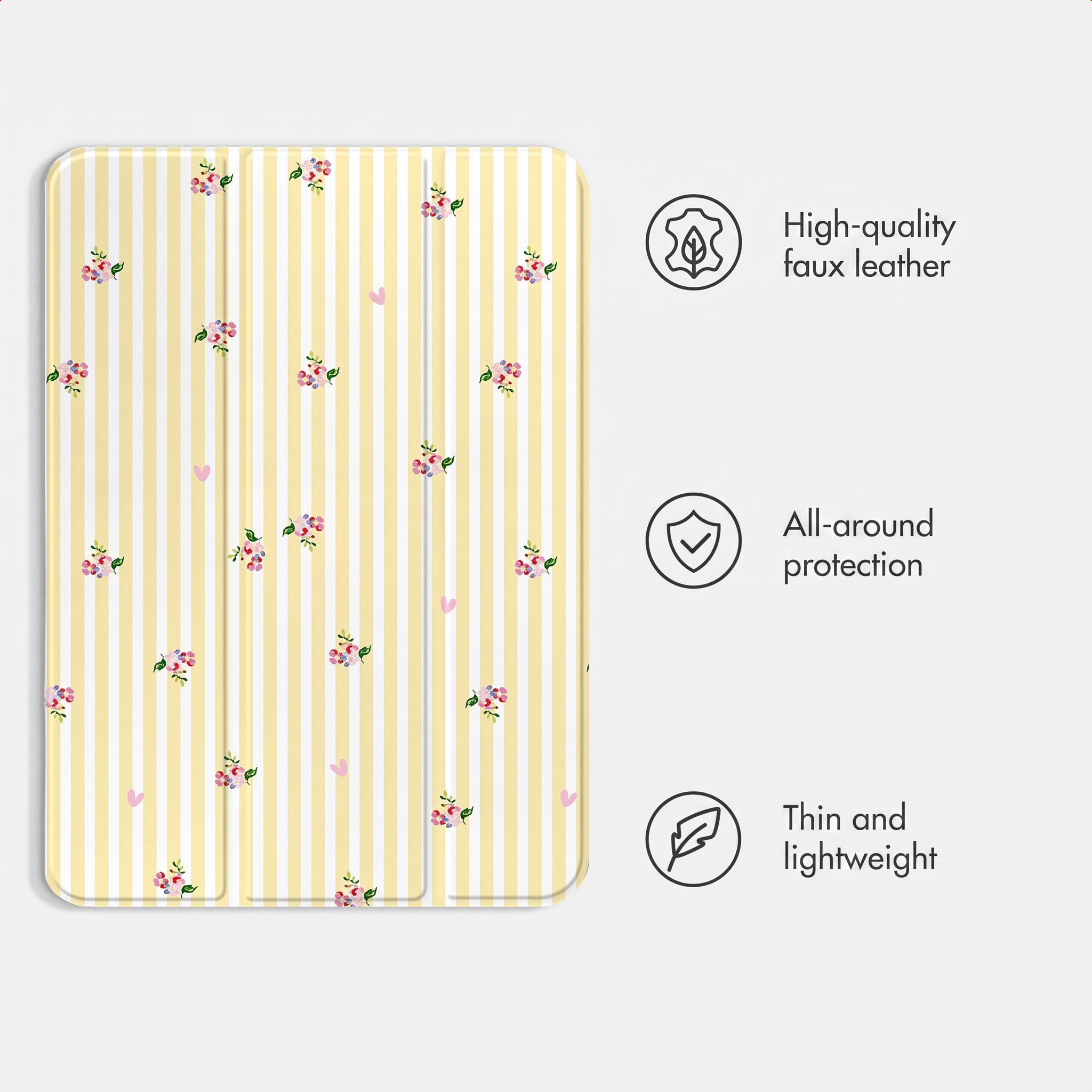 Geel-wit gestreepte tablethoes met bloemenmotief en functiepictogrammen rechts.