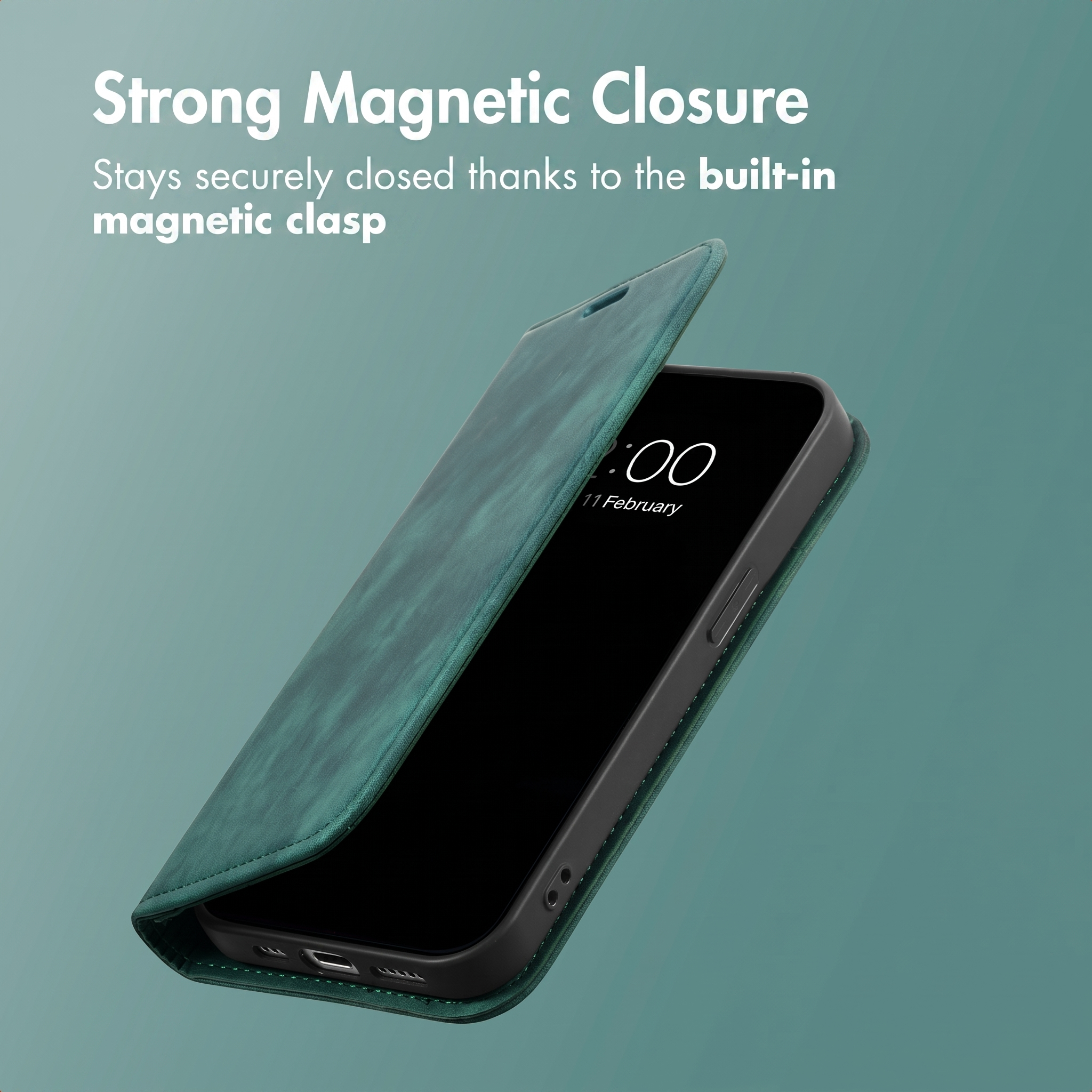 Une coque de téléphone verte de type livre avec une fermeture magnétique solide sur fond vert menthe.