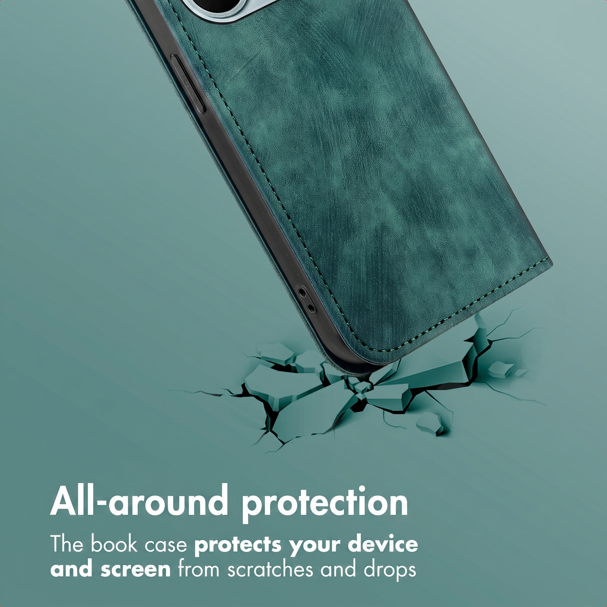 Un étui de téléphone vert foncé flotte au-dessus d'une surface craquelée, avec le texte Protection.