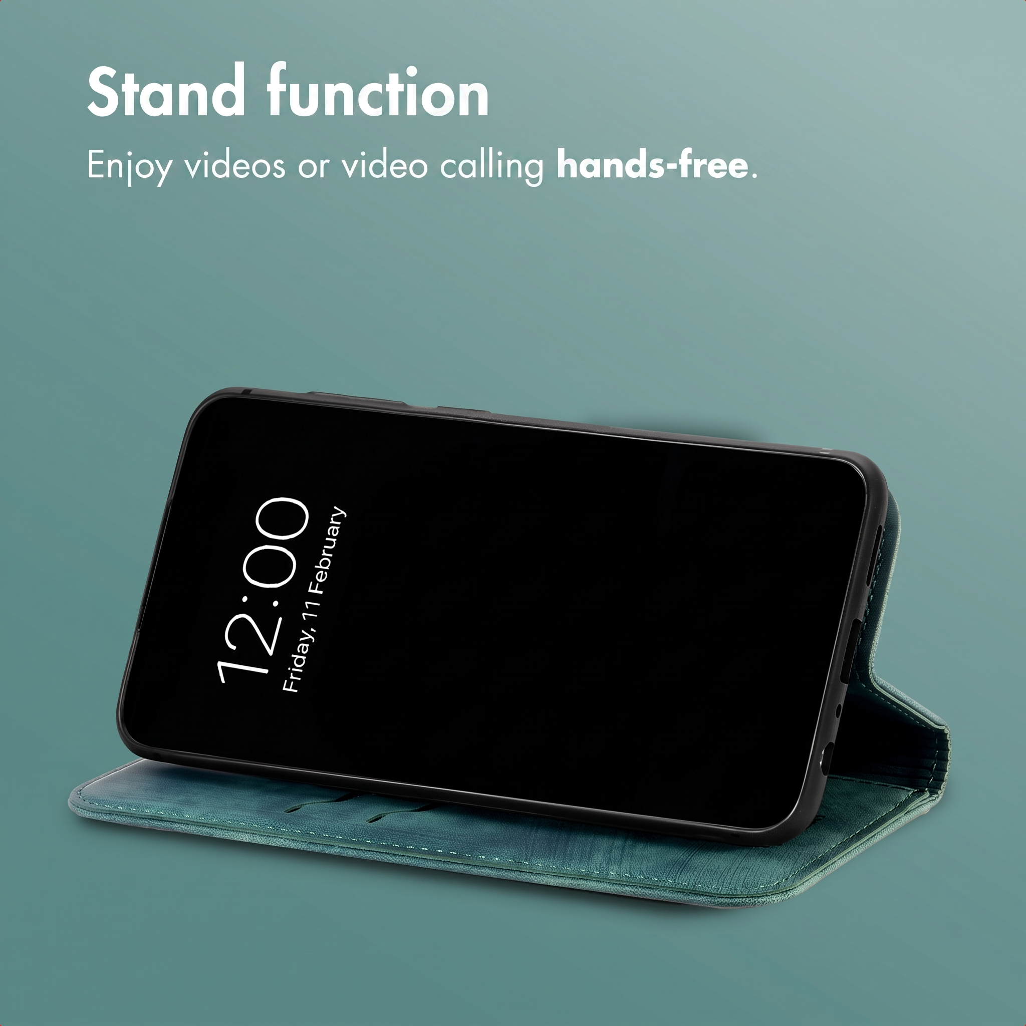 Un smartphone dans un étui vert faisant support sur fond sarcelle avec texte.