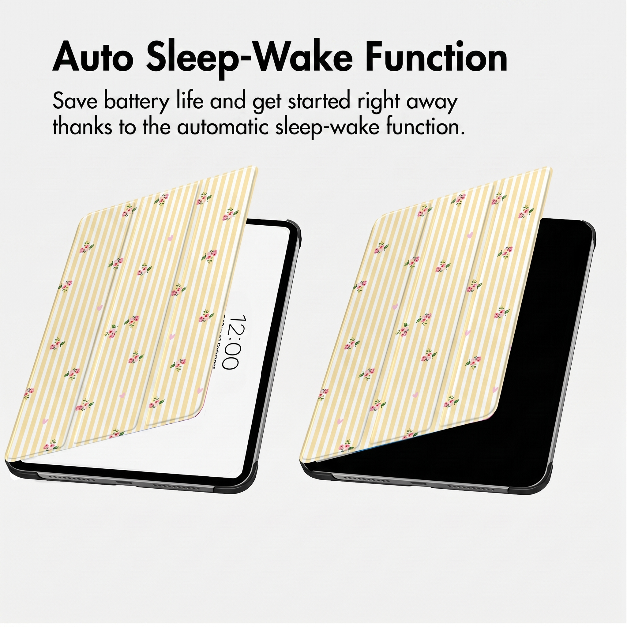 Twee tablets met bloemenstrepen hoesjes tonen de auto sleep-wake functie met scherm aan en uit.