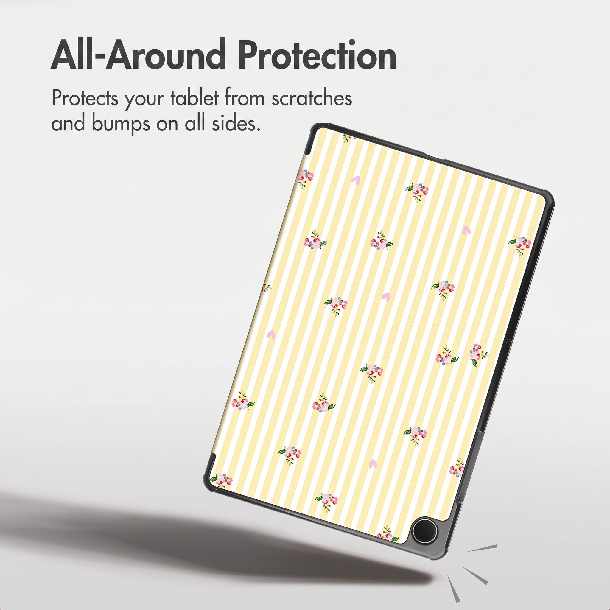 Un tablet in custodia a righe gialle con piccoli fiori, testo All-Around Protection.
