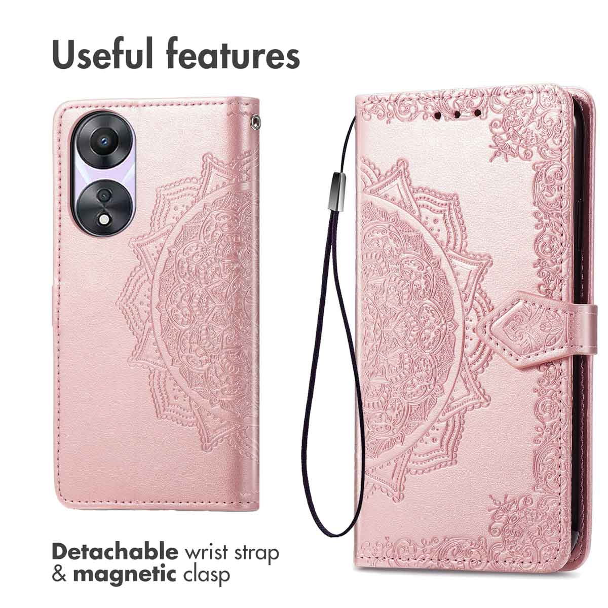 Funda rosa para teléfono con estampado de mandala, correa y cierre magnético.