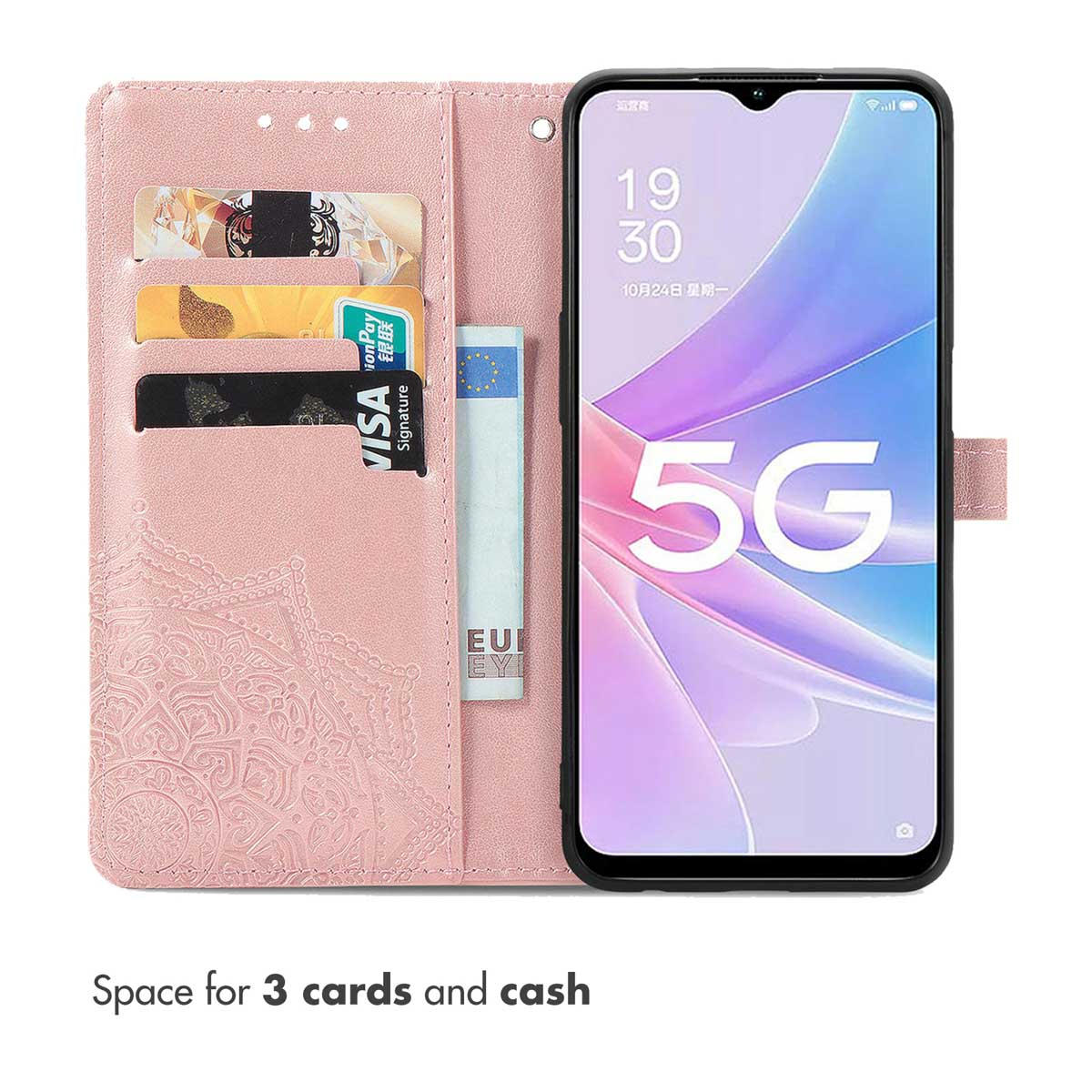 Funda tipo cartera de cuero sintético rosa con tres ranuras para tarjetas y billetes, junto a un smartphone con 5G.