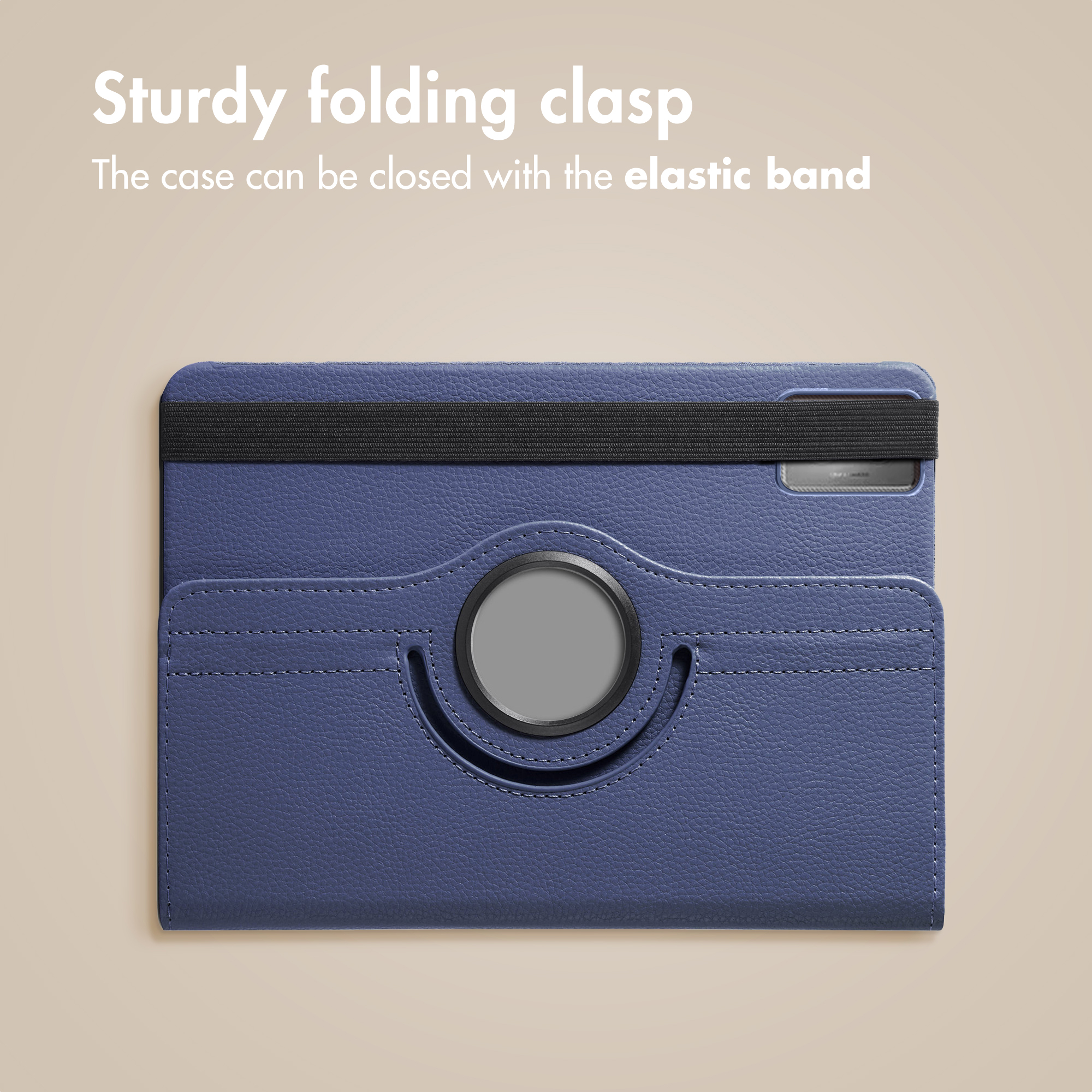 Blue tablet case with a black elastic band and a round stand on a beige background.