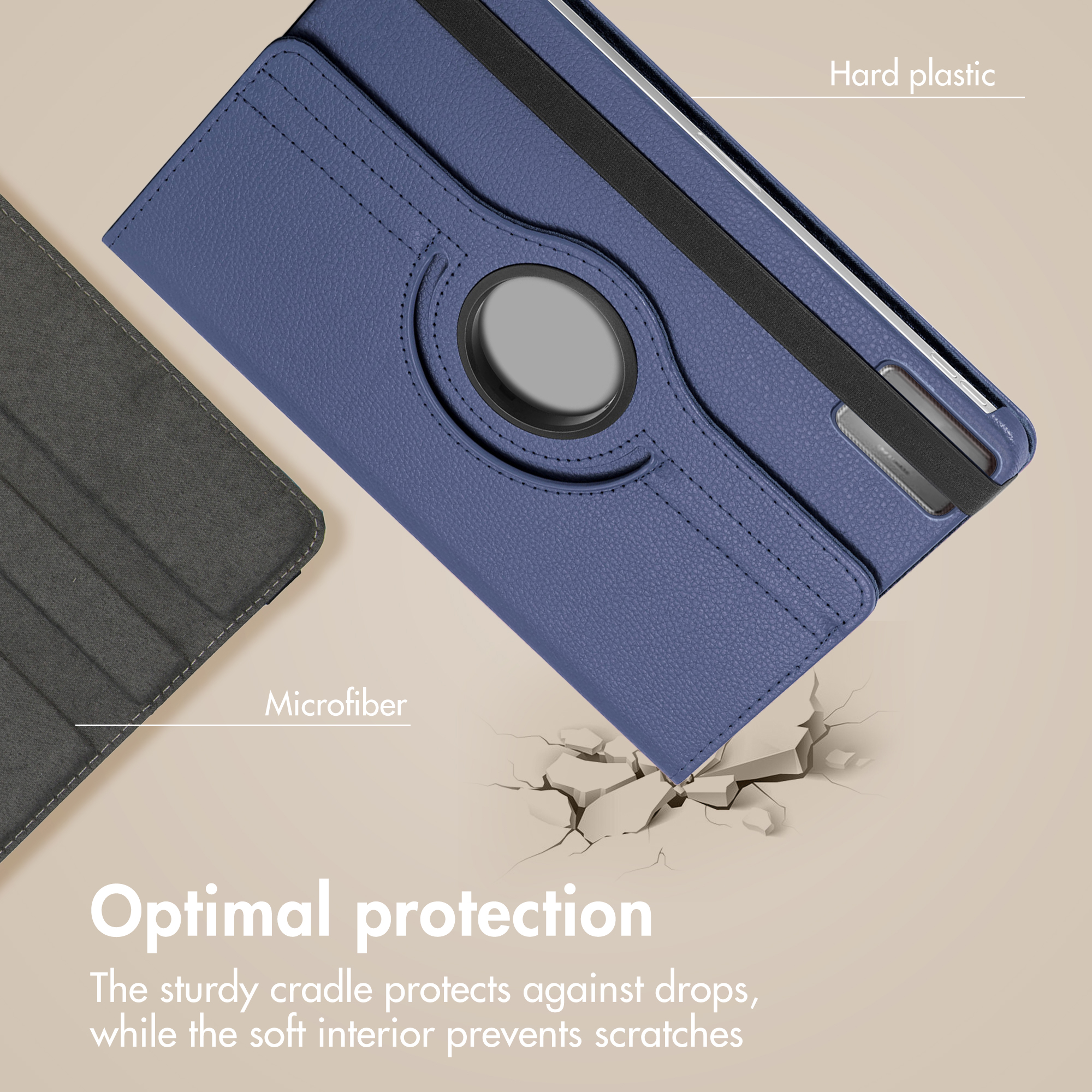 Blue tablet case with hard plastic shell and soft microfiber interior lining for optimal protection.