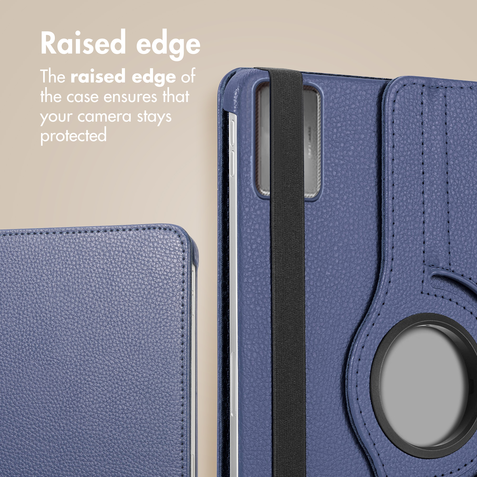 Blue leather case featuring a raised edge for camera protection, with text on the left.