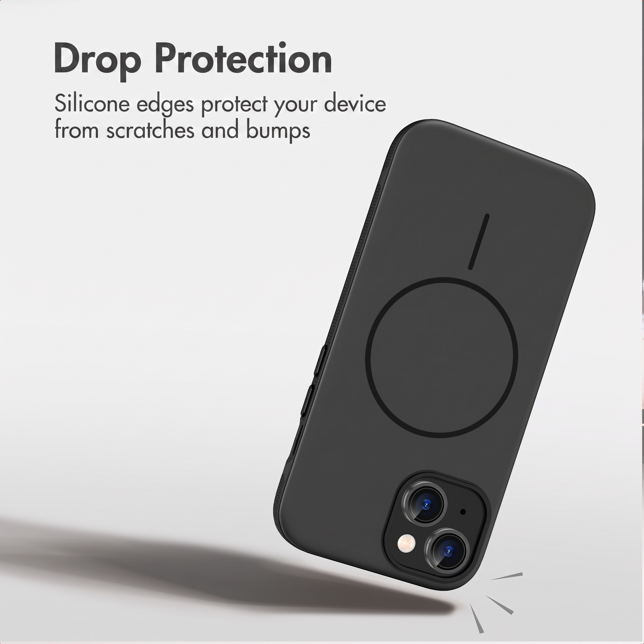 Een zwarte smartphonehoes met siliconen randen voor valbescherming.