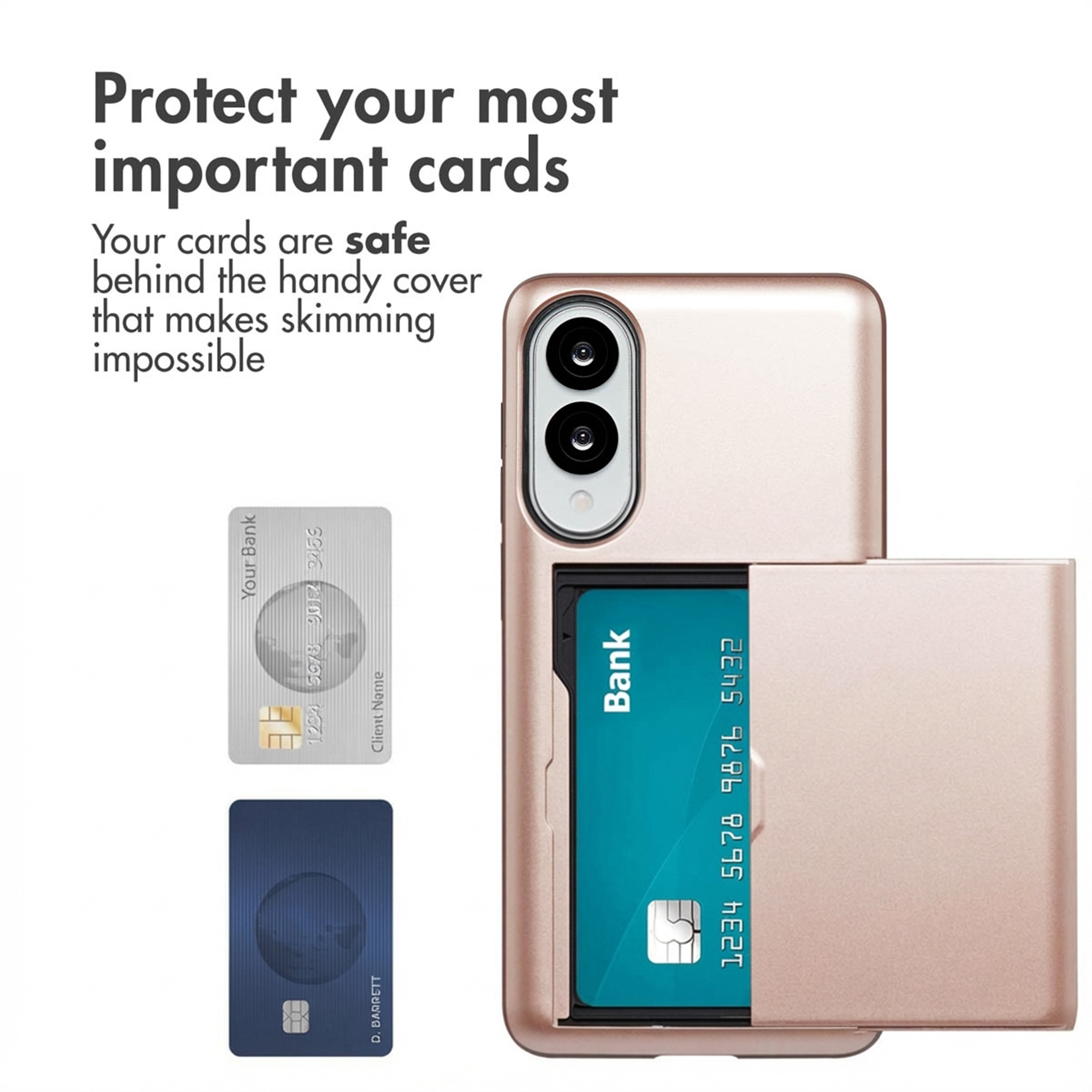 Un smartphone dorado con tarjetero y texto sobre protección contra skimming.