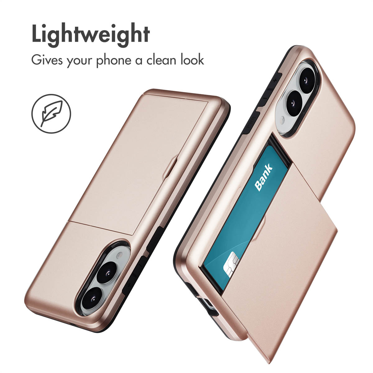 Dos fundas de teléfono de oro rosa, una con tarjeta.