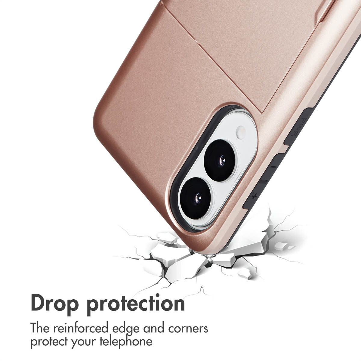 Una funda de teléfono de oro rosa sobre suelo blanco agrietado con texto.
