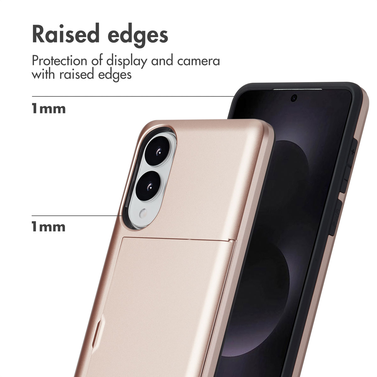 Smartphone con funda en oro rosa con bordes elevados que protegen pantalla y cámara.