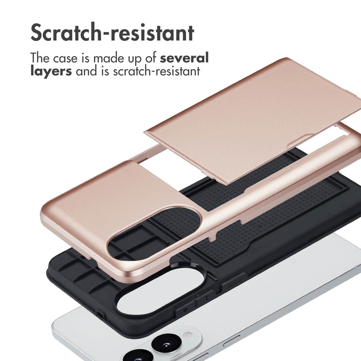 Vista explosionada de una funda protectora multicapa resistente a los arañazos en oro rosa y negro para un smartphone.