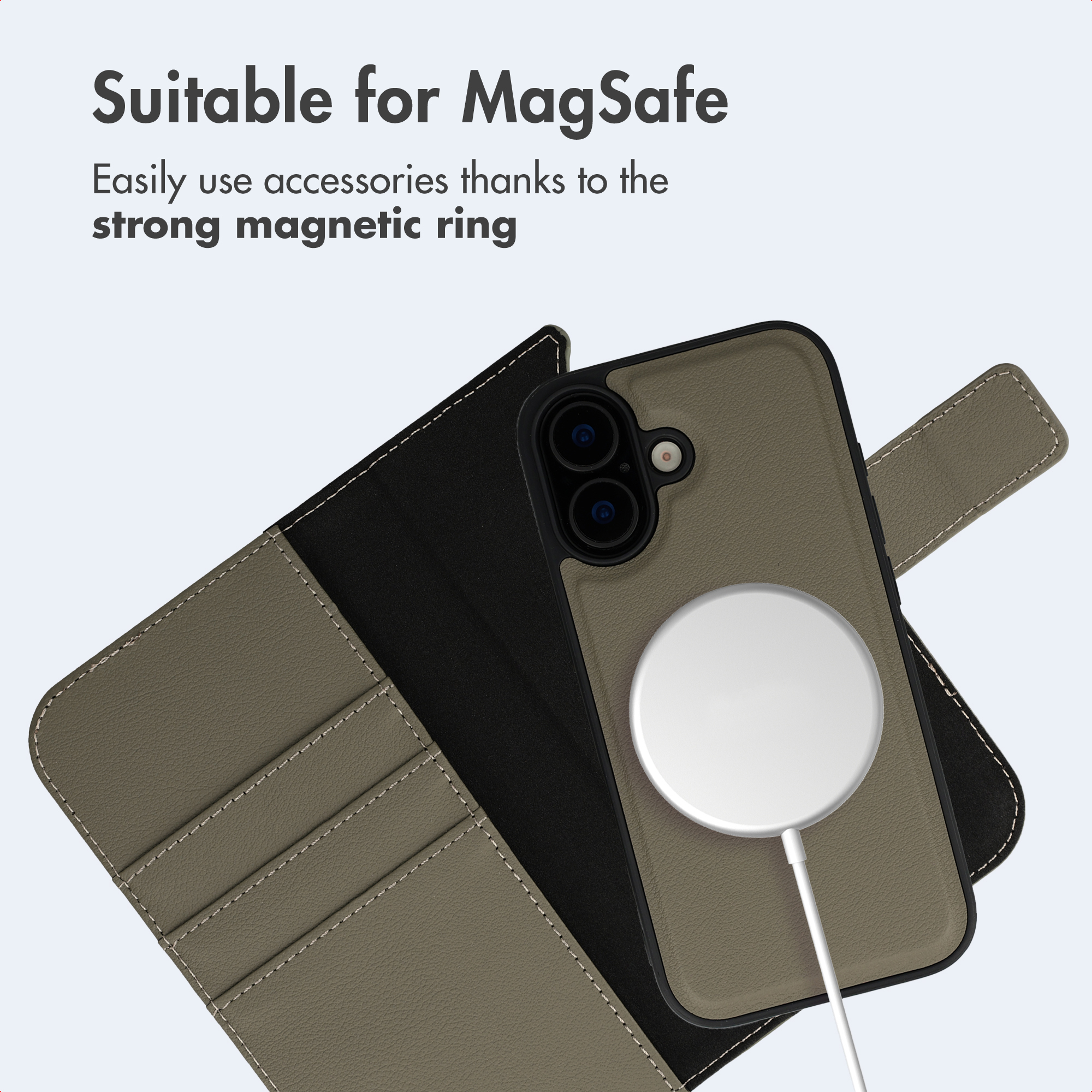 Custodia per telefono verde oliva con caricatore MagSafe e testo: 'Suitable for MagSafe'.