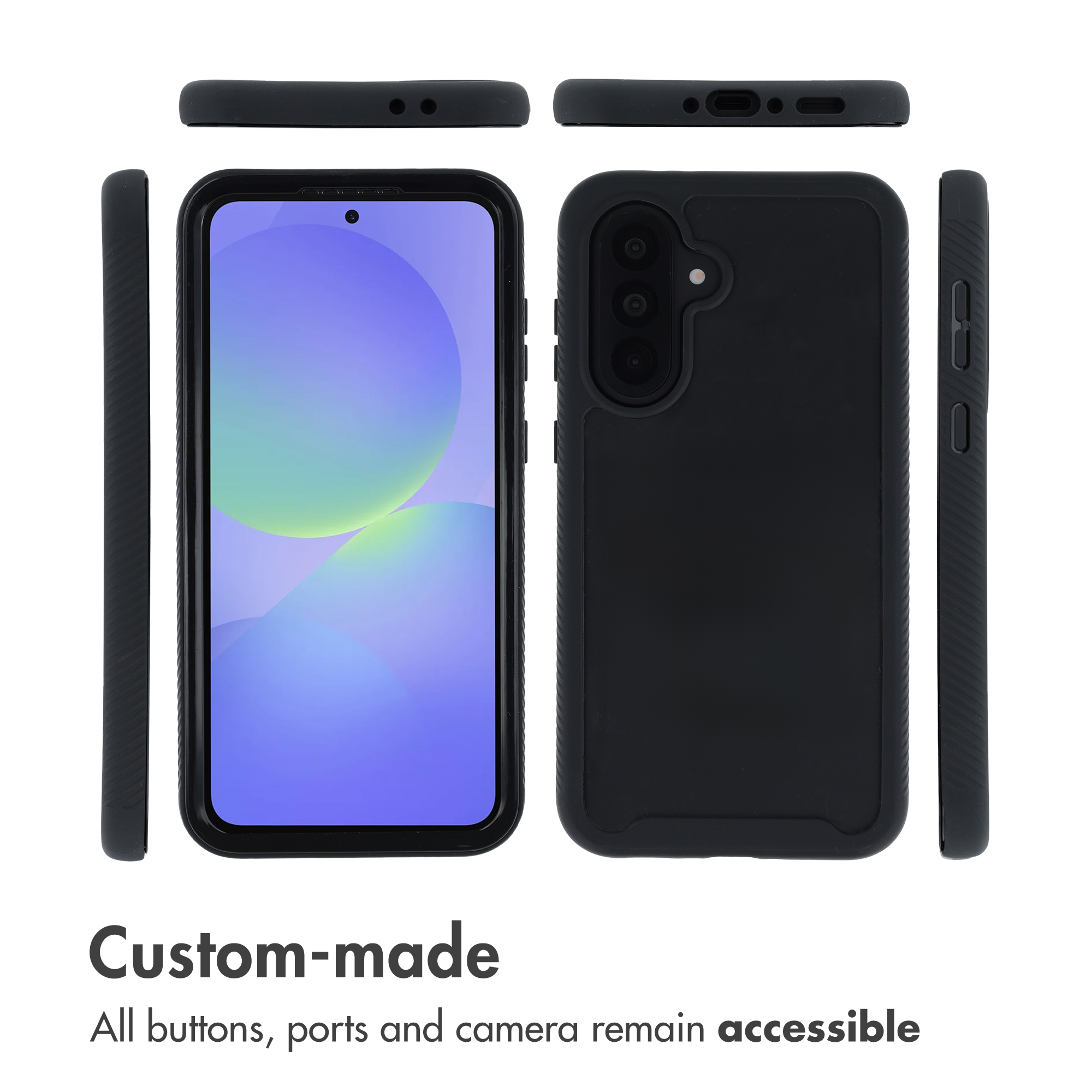 Molteplici viste di una custodia protettiva nera per smartphone con pulsanti e porte accessibili.
