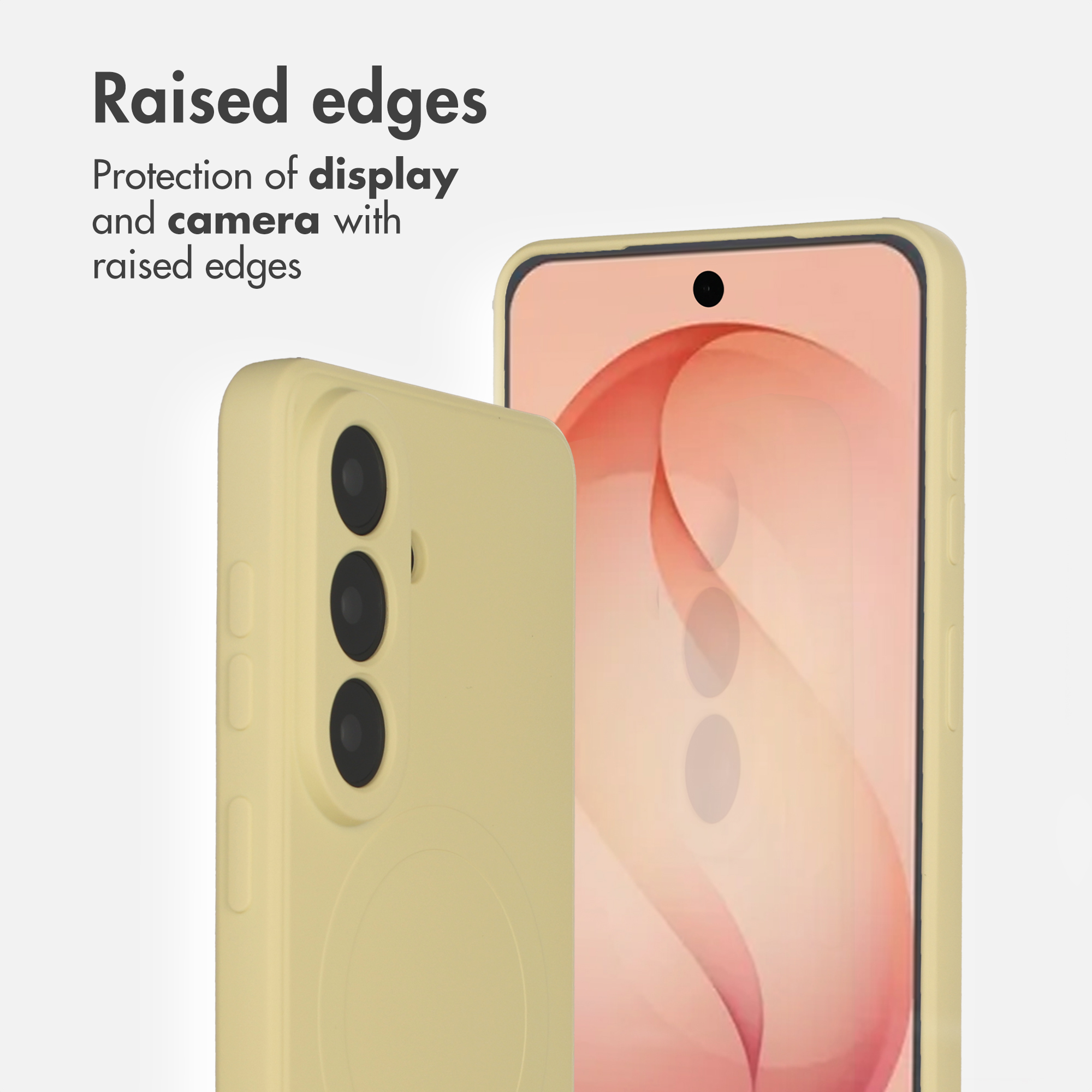 Smartphone giallo con custodia e bordi rialzati per display e fotocamera.