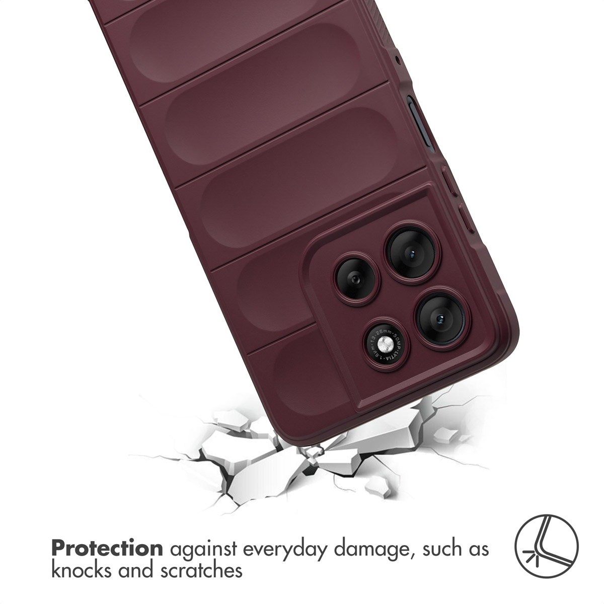 Cover per smartphone bordeaux su terreno screpolato con testo.