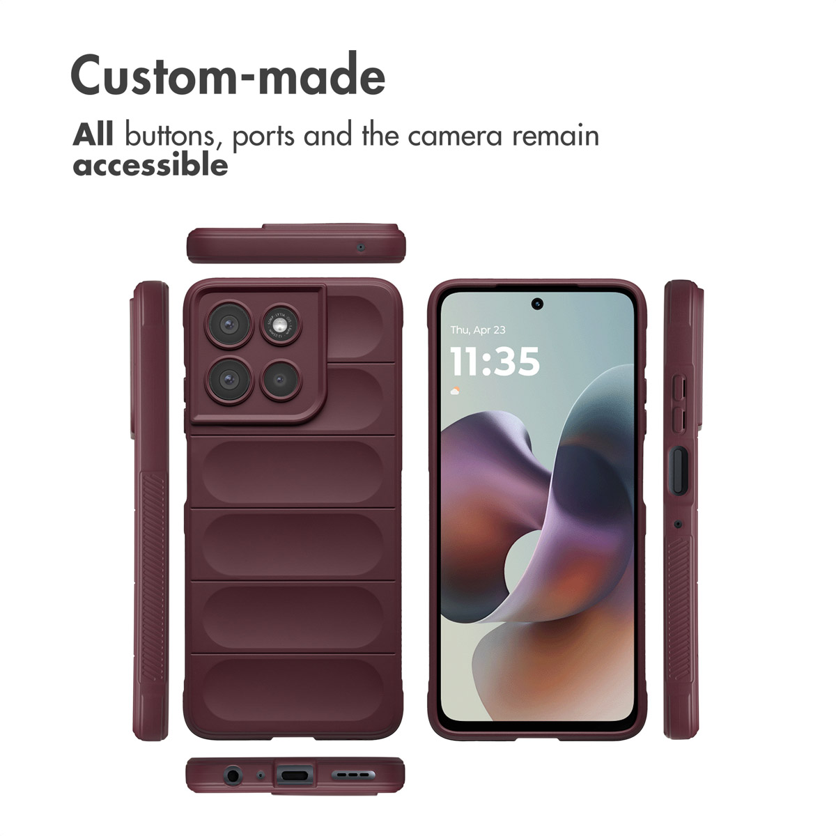 Custodia protettiva rosso scuro per smartphone mostrata da più angolazioni con pulsanti accessibili.