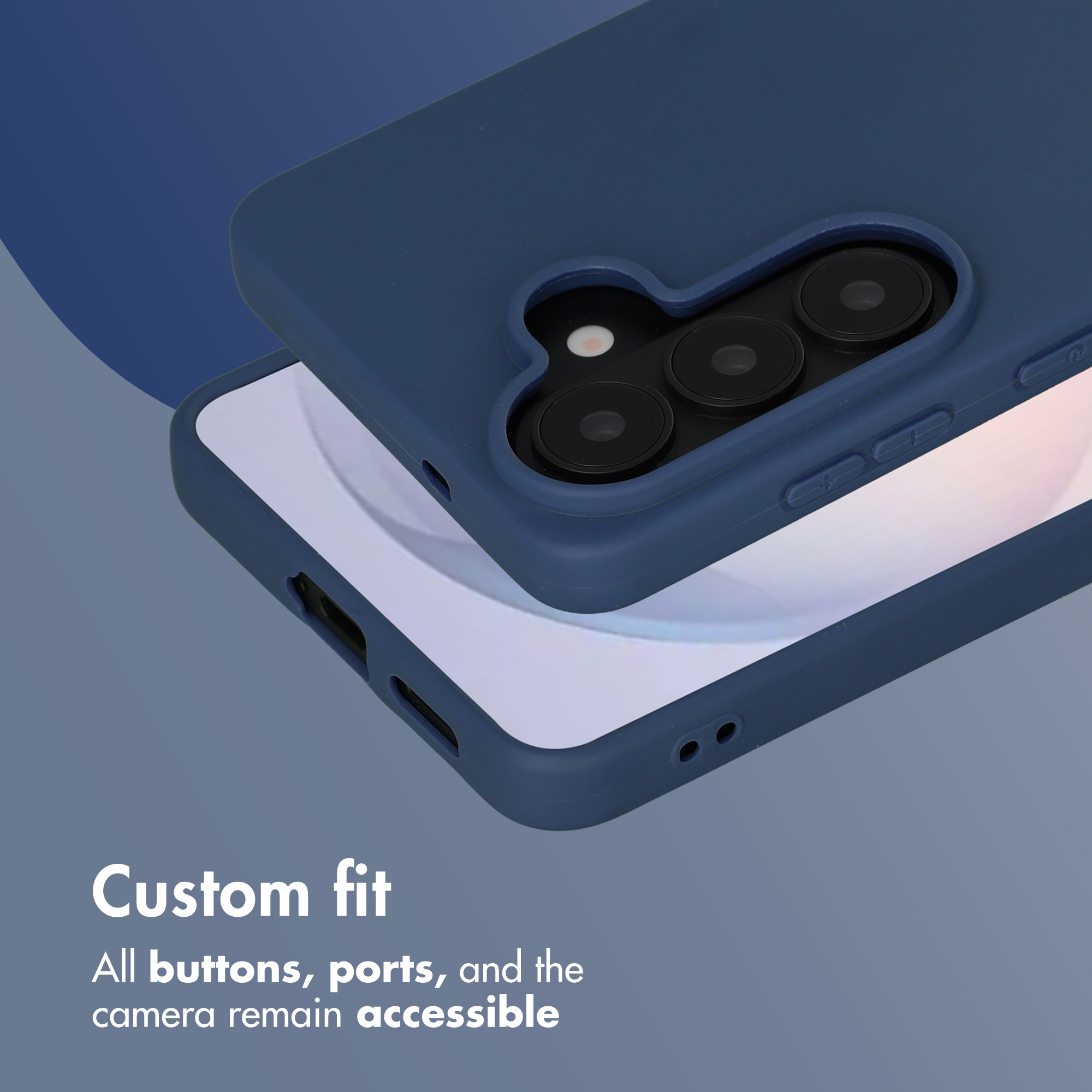 Custodia protettiva blu su uno smartphone con ritagli precisi per fotocamera e pulsanti.