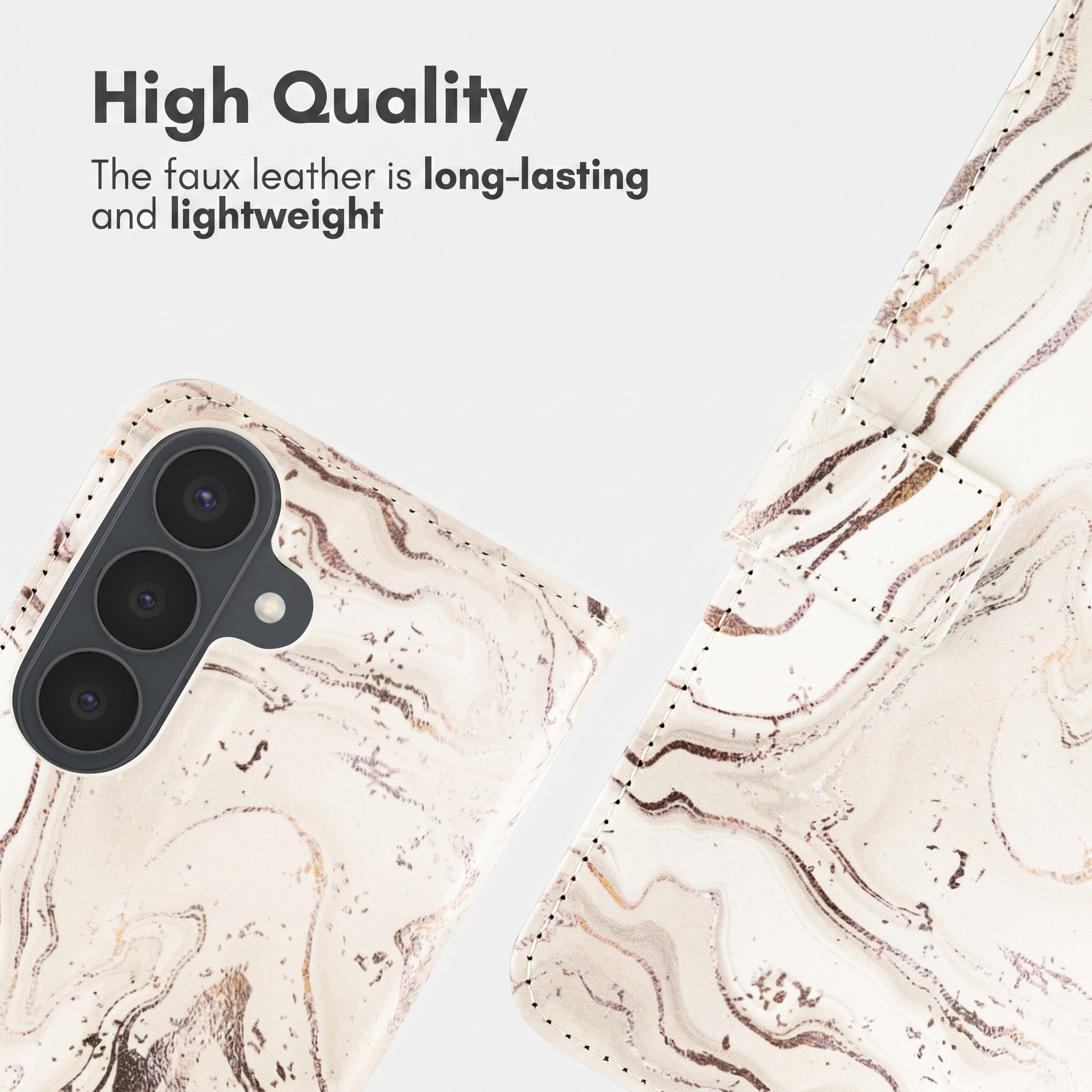 Kunstlederen telefoonhoesje in marmerdesign met tekst High Quality.