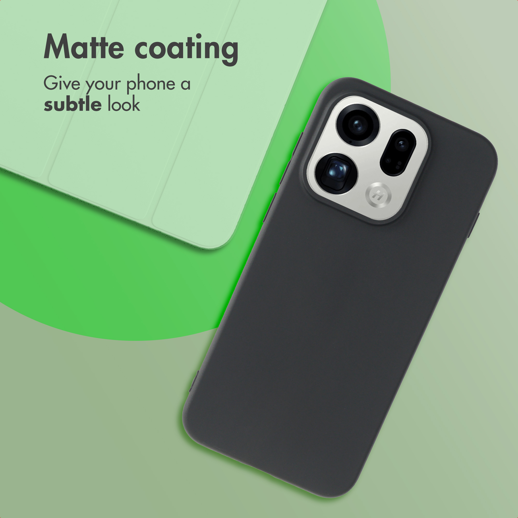 Un smartphone en una funda negra mate sobre un fondo verde claro con texto.