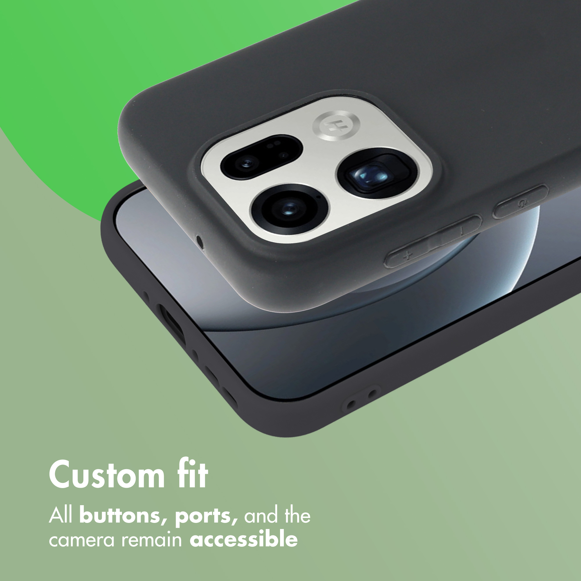 Un teléfono inteligente en funda negro mate sobre fondo verde con texto.