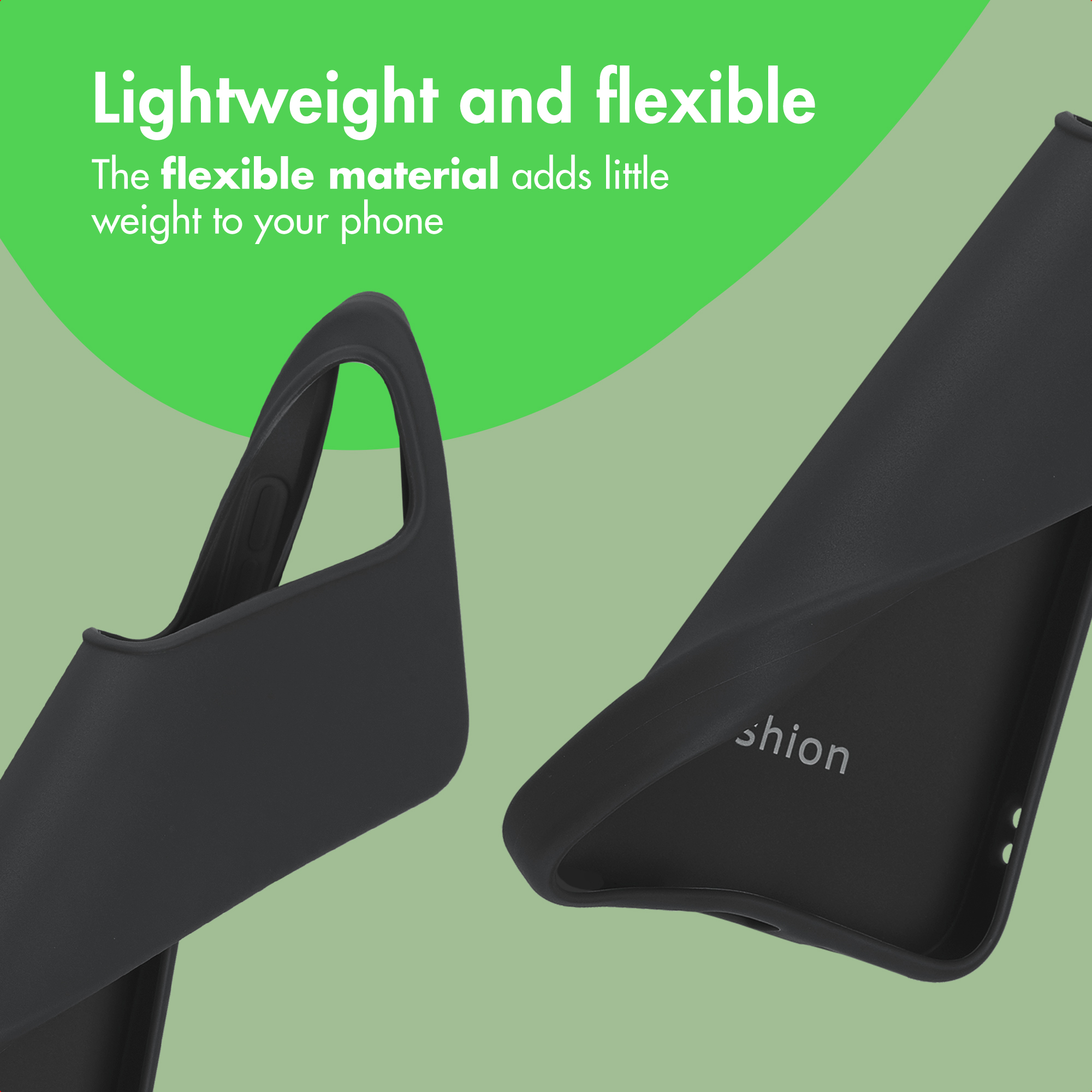 Fundas de teléfono negras y flexibles sobre un fondo verde y blanco con texto promocional.