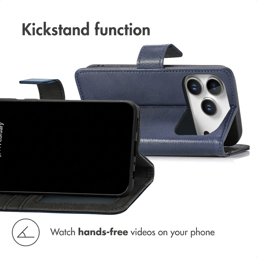 Étui de téléphone en cuir bleu avec fonction béquille pour regarder des vidéos.
