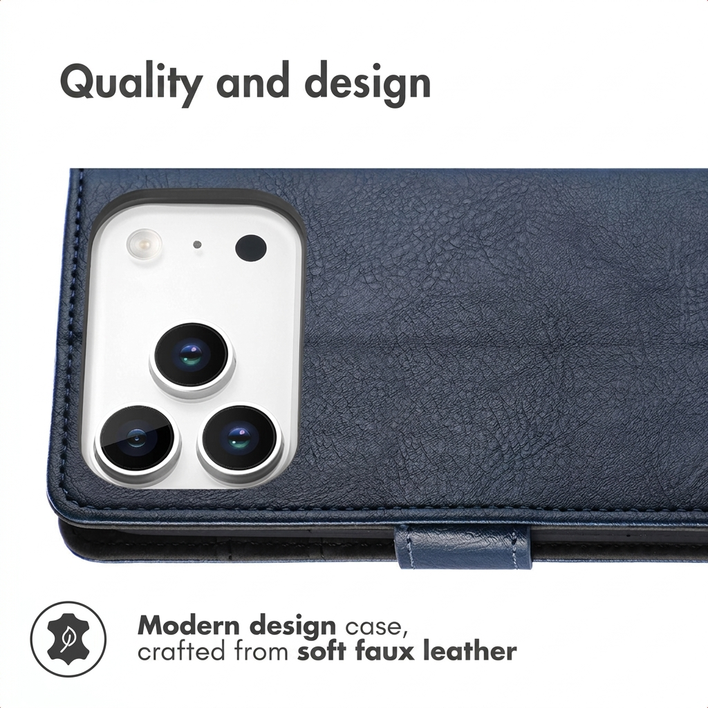 Coque de téléphone en similicuir bleu avec découpe pour triple appareil photo.