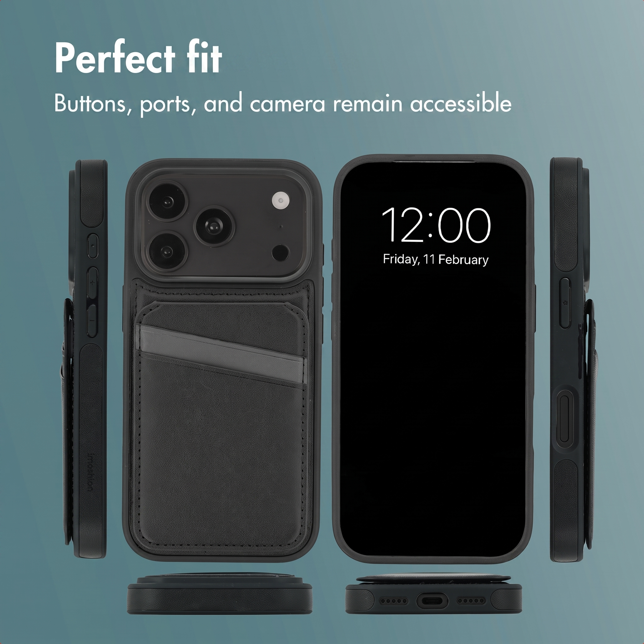 Custodita per cellulare nera con porta carte e pulsanti e porte accessibili da più angolazioni.