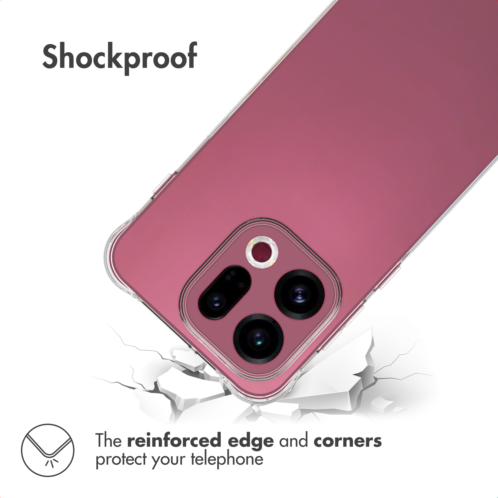 Smartphone rosa en funda protectora sobre fondo agrietado, con texto "Shockproof" y "esquinas reforzadas".