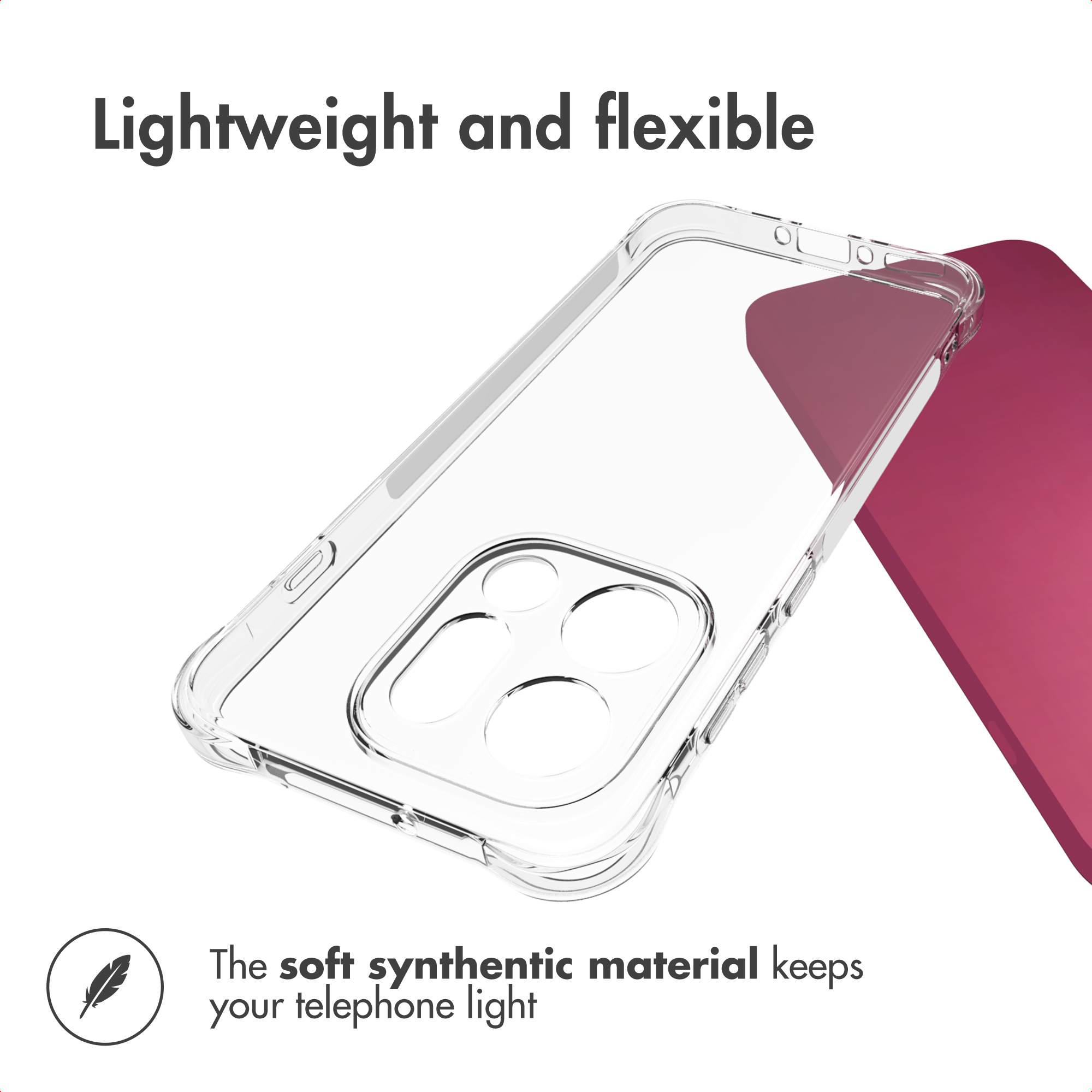 Funda de teléfono transparente sobre fondo rosa con texto sobre ligereza.