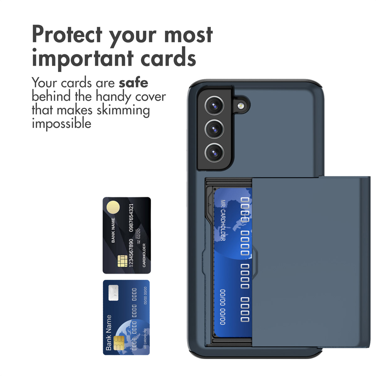 Coque de smartphone bleue avec fente pour carte à l'arrière et texte promotionnel.