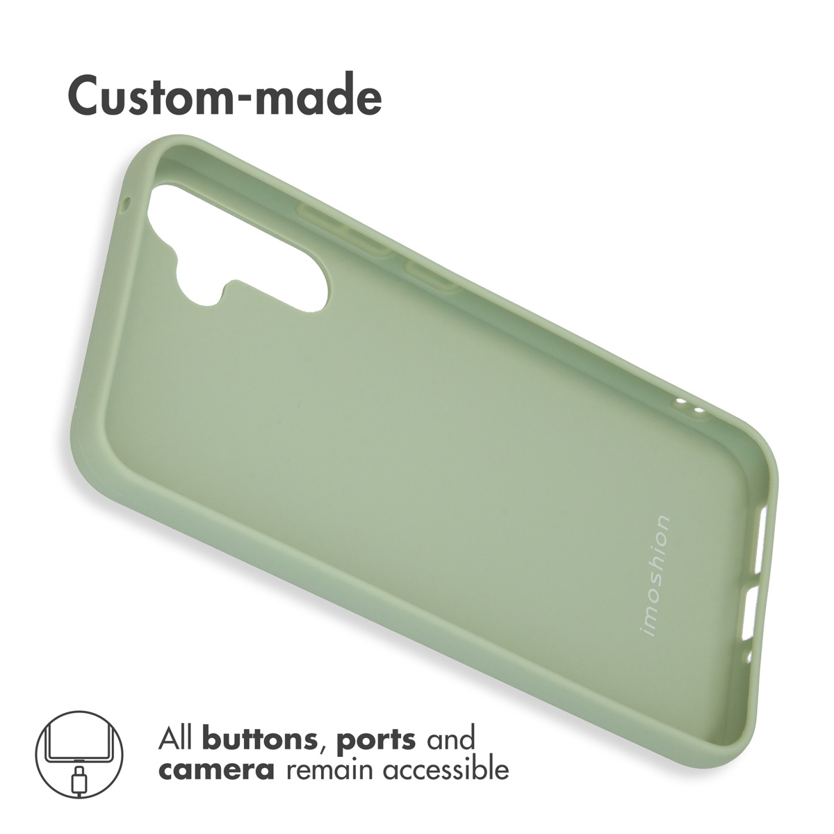 Coque de téléphone vert pastel sur fond blanc avec le texte Custom-made.