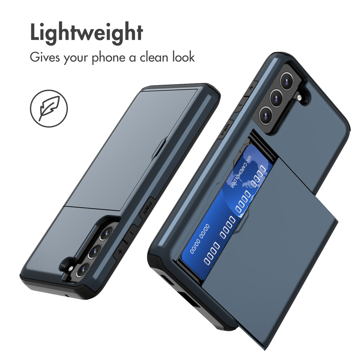 Deux coques de smartphone bleu foncé avec porte-cartes intégré, une avec une carte de crédit insérée, et texte Léger.