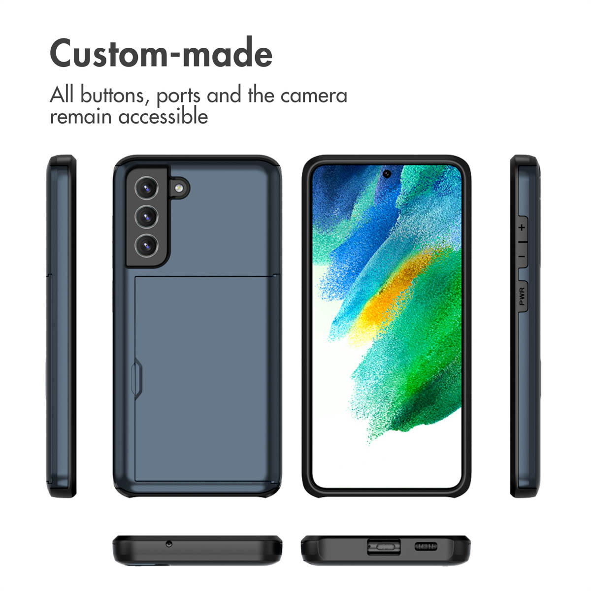 Coque de téléphone bleue sous plusieurs angles avec boutons et fente pour carte.