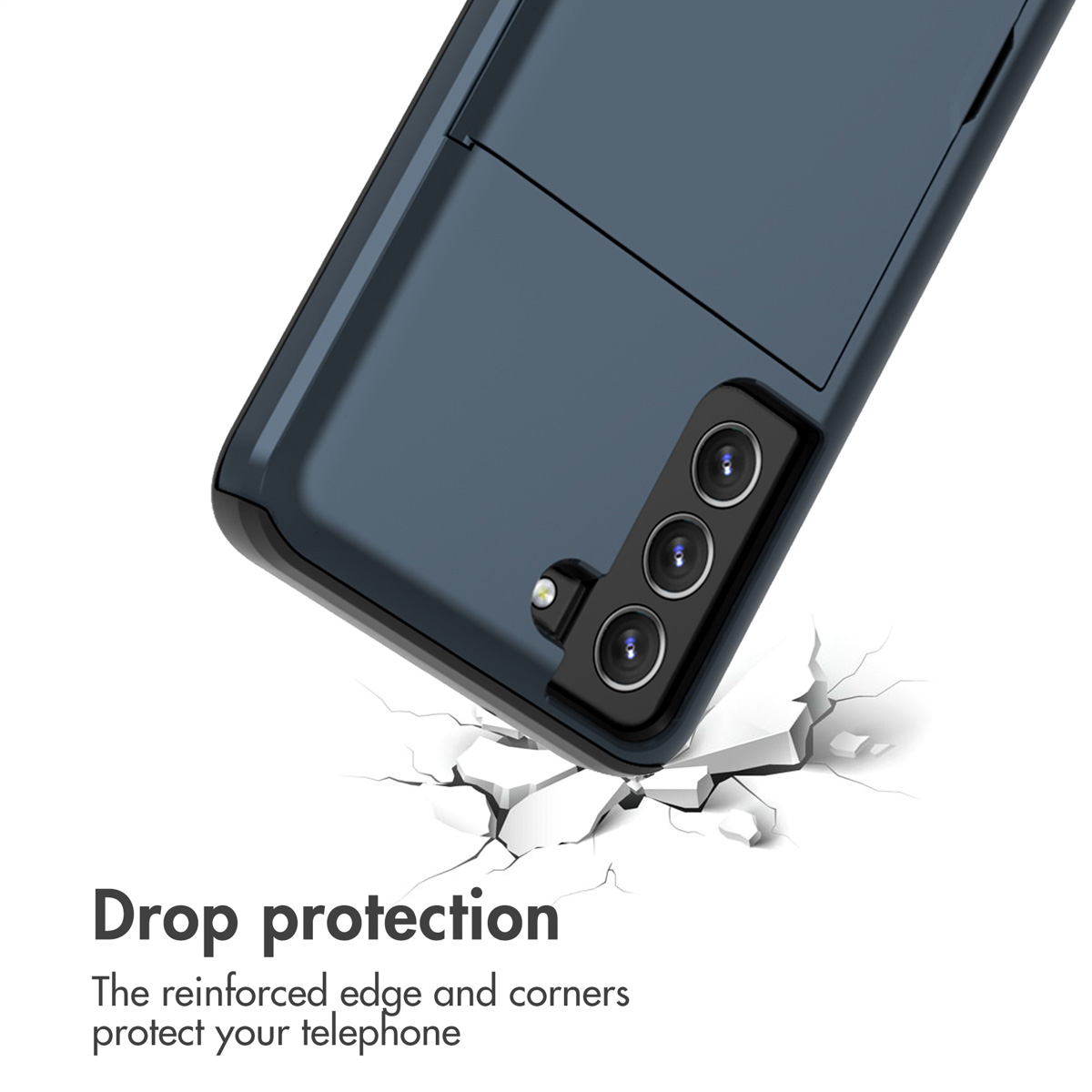 Coque de smartphone bleue avec triple caméra au-dessus d'une surface blanche fissurée.