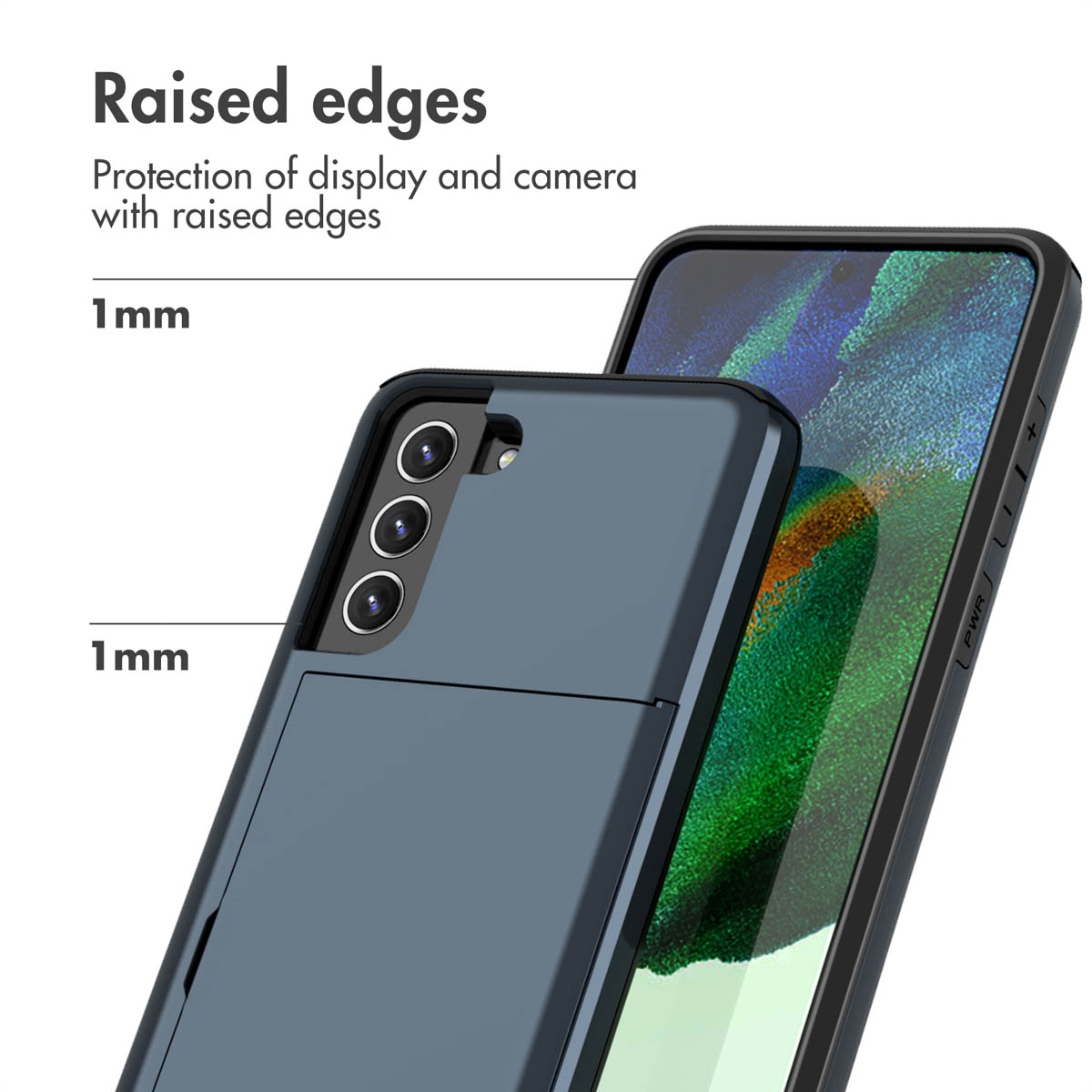 Coque de téléphone avec bords surélevés pour protéger l'écran et la caméra, indiqués par des repères de 1 mm.