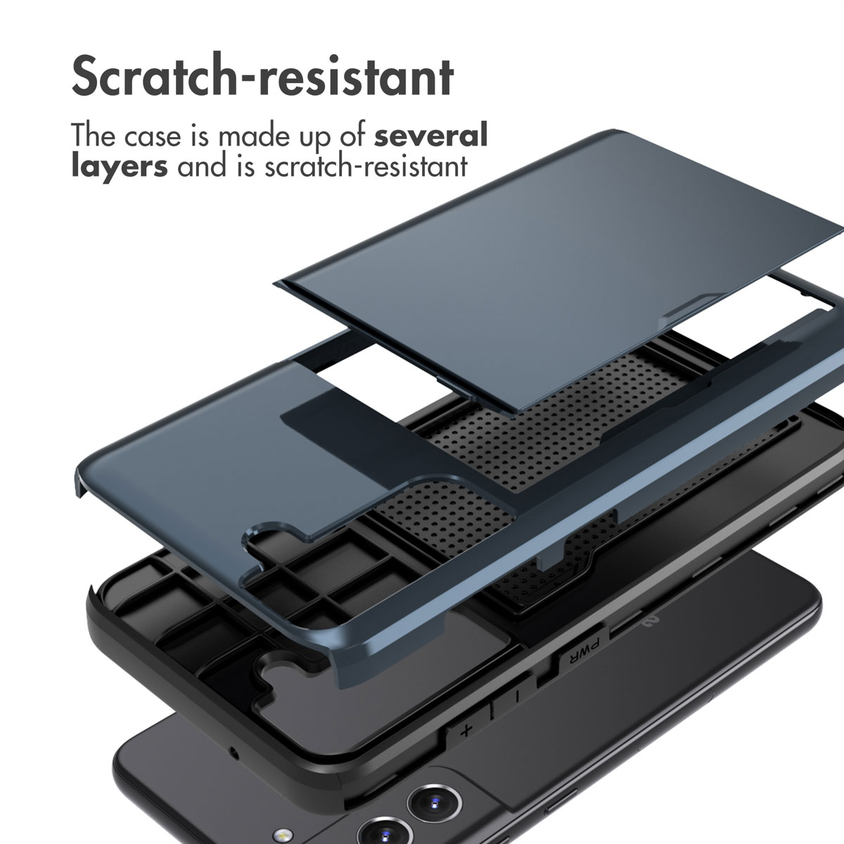 Vue éclatée d'une coque de smartphone multicouche résistante aux rayures au-dessus d'un téléphone noir.