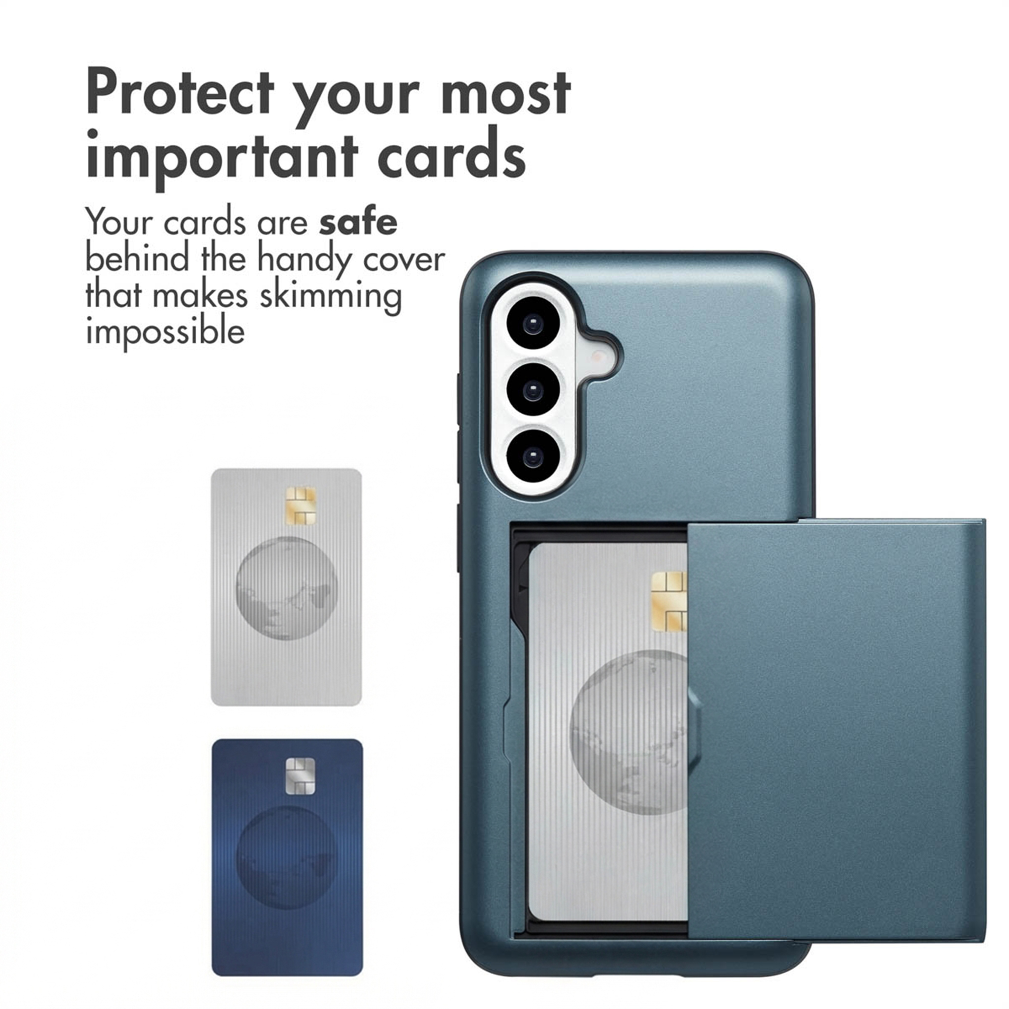 Une coque de smartphone bleue avec porte-cartes coulissant contenant une carte, à côté de texte.