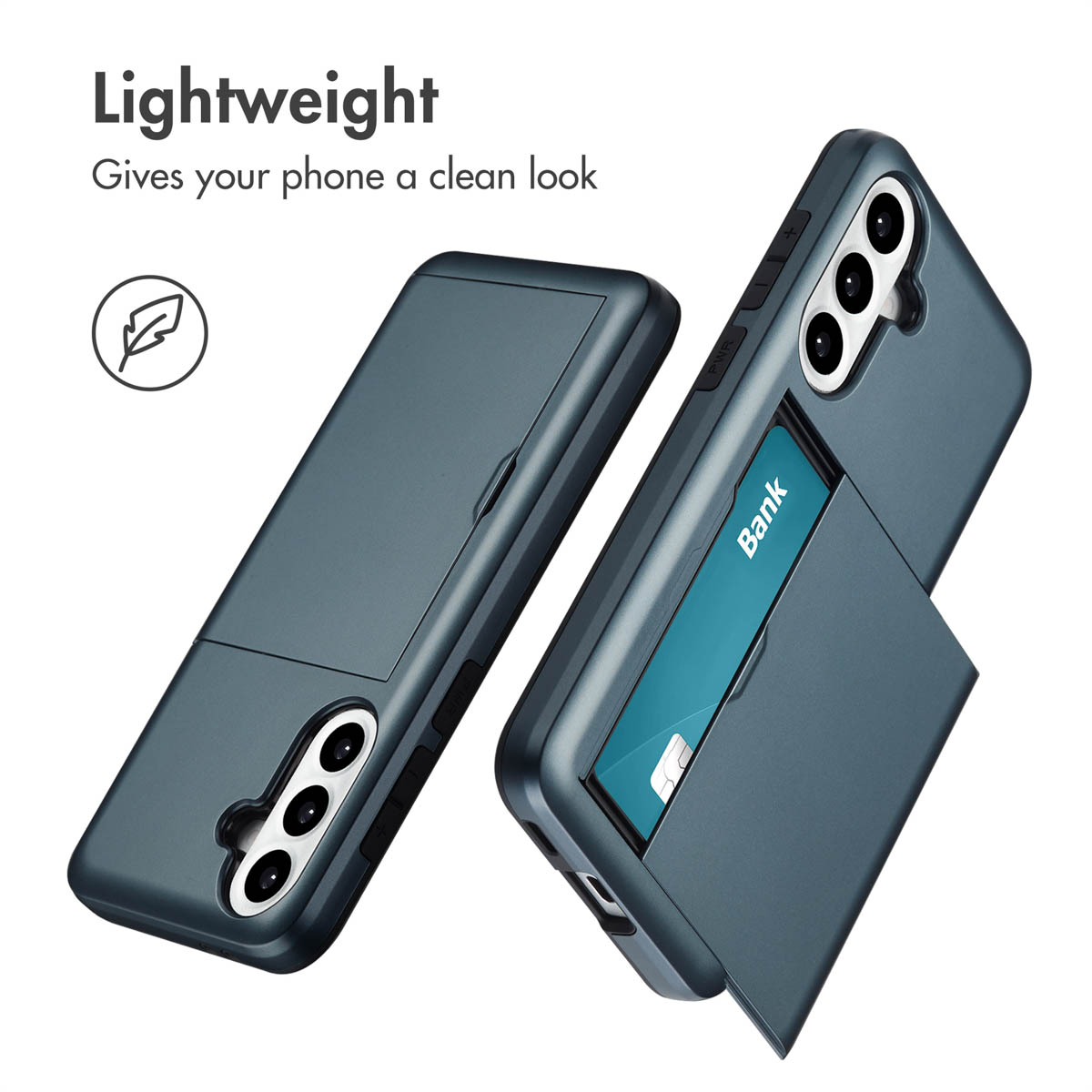 Deux coques de téléphone gris foncé, une avec carte. Texte : léger.