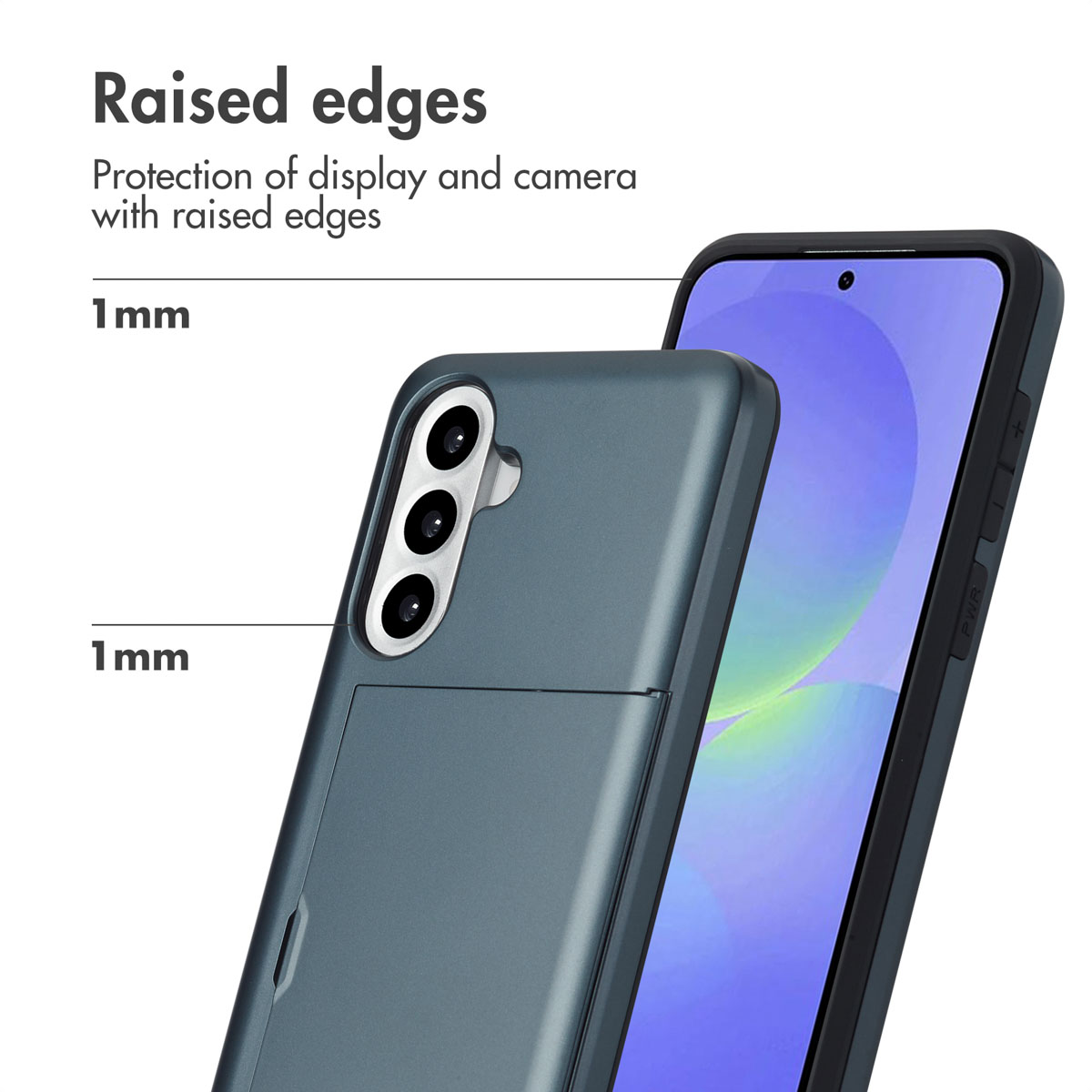 Smartphone dans une coque bleue avec des bords surélevés de 1 mm pour l'écran et l'appareil photo.