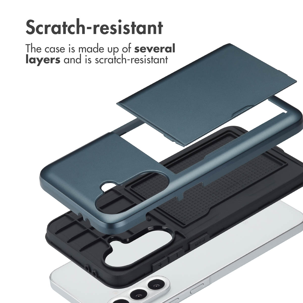 Vue éclatée d'une coque de téléphone multicouche résistante aux rayures au-dessus d'un smartphone.