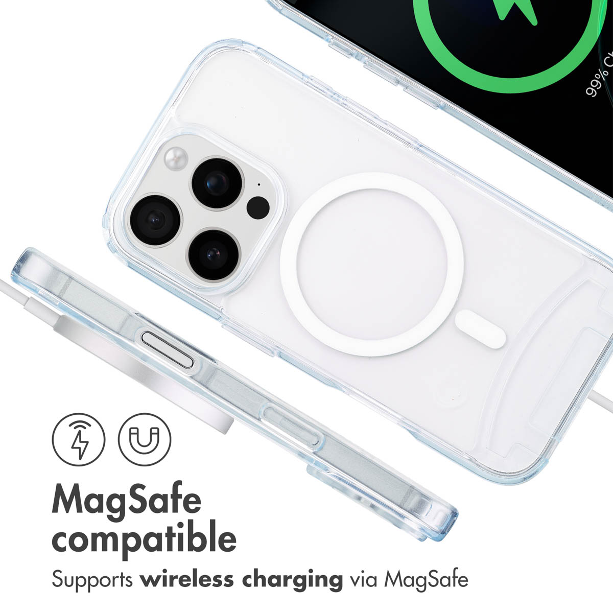 Una funda transparente compatible con MagSafe con vista de cámara y perfil lateral, que admite carga inalámbrica.
