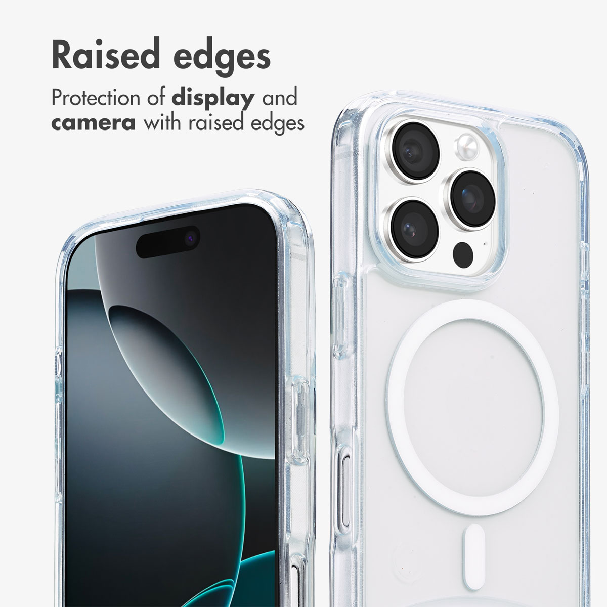 Funda transparente con bordes elevados para proteger la pantalla y la cámara.