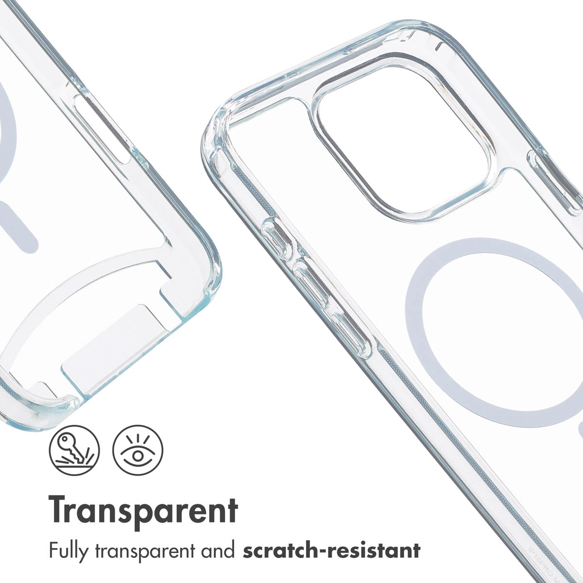 Funda transparente y resistente a arañazos con anillo MagSafe e iconos.
